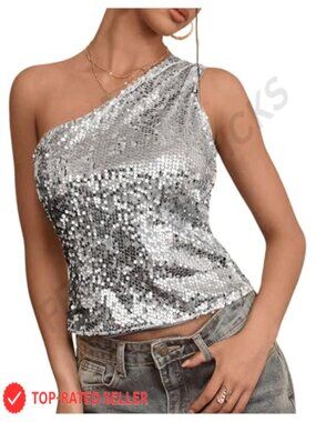Sparkly Sequin One Shoulder Ruched Slim Fit Crop Top Concert Party Top